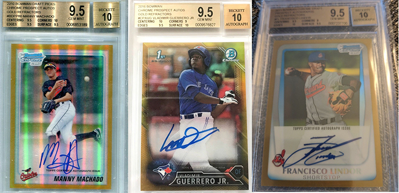 NEWLY LISTED: Three gold rookie refractor sports cards featuring three great players (Vlad Jr., Lindor, Machado)