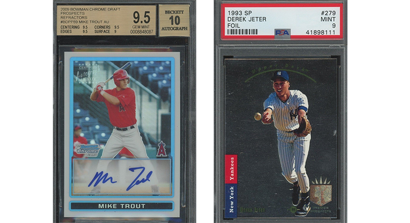 Two iconic cards up for auction today – Mike Trout rookie auto and Derek Jeter SP Foil